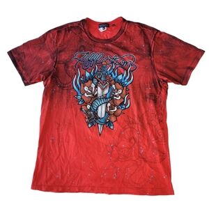 Affliction Men’s Heart Dagger Snake Rhinestone Short Sleeve T-shirt Y2K Red XL